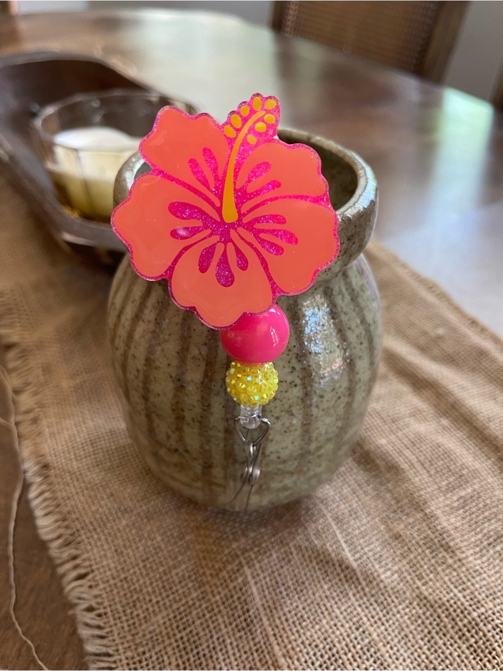 Bright Pink Hibiscus Decorative Badge Reel EUC!!!!